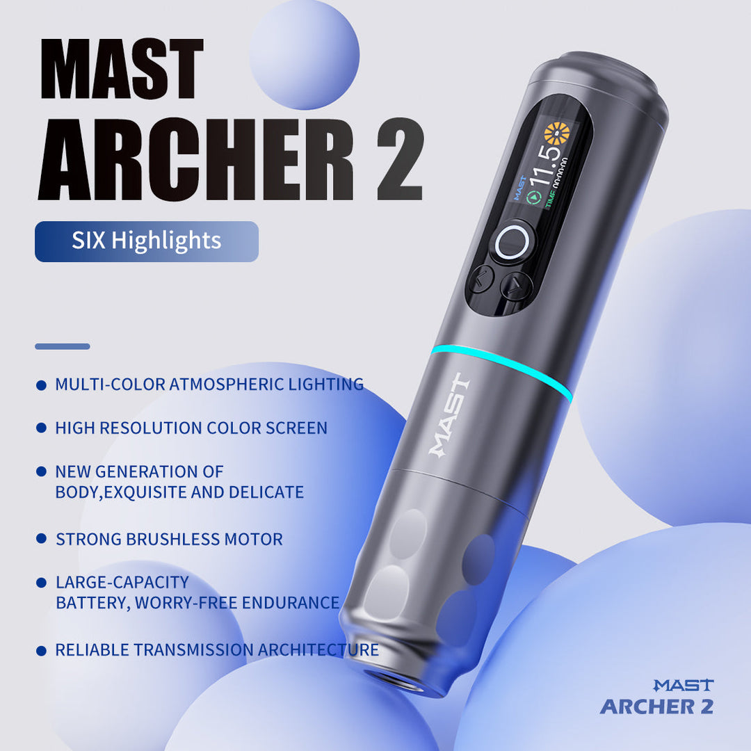 Dragonhawk Mast Archer 2 wireless tattoo machine, angled view