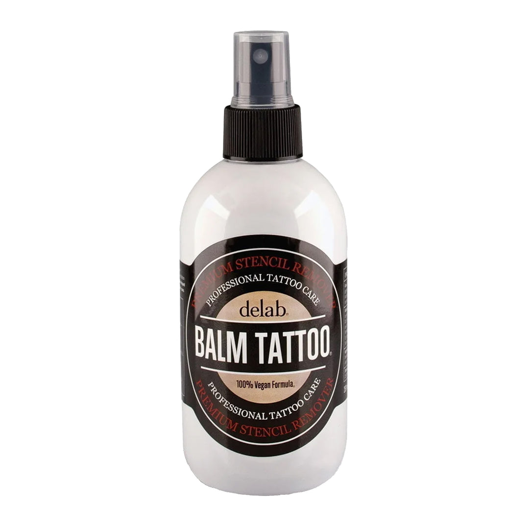 Bottle of Balm Tattoo Premium Stencil Remover, designed for professional tattoo care. Features a spray nozzle for easy application and a 100% vegan formula, ensuring gentle and effective stencil removal. Ideal for tattoo artists seeking high-quality, skin-safe solutions.