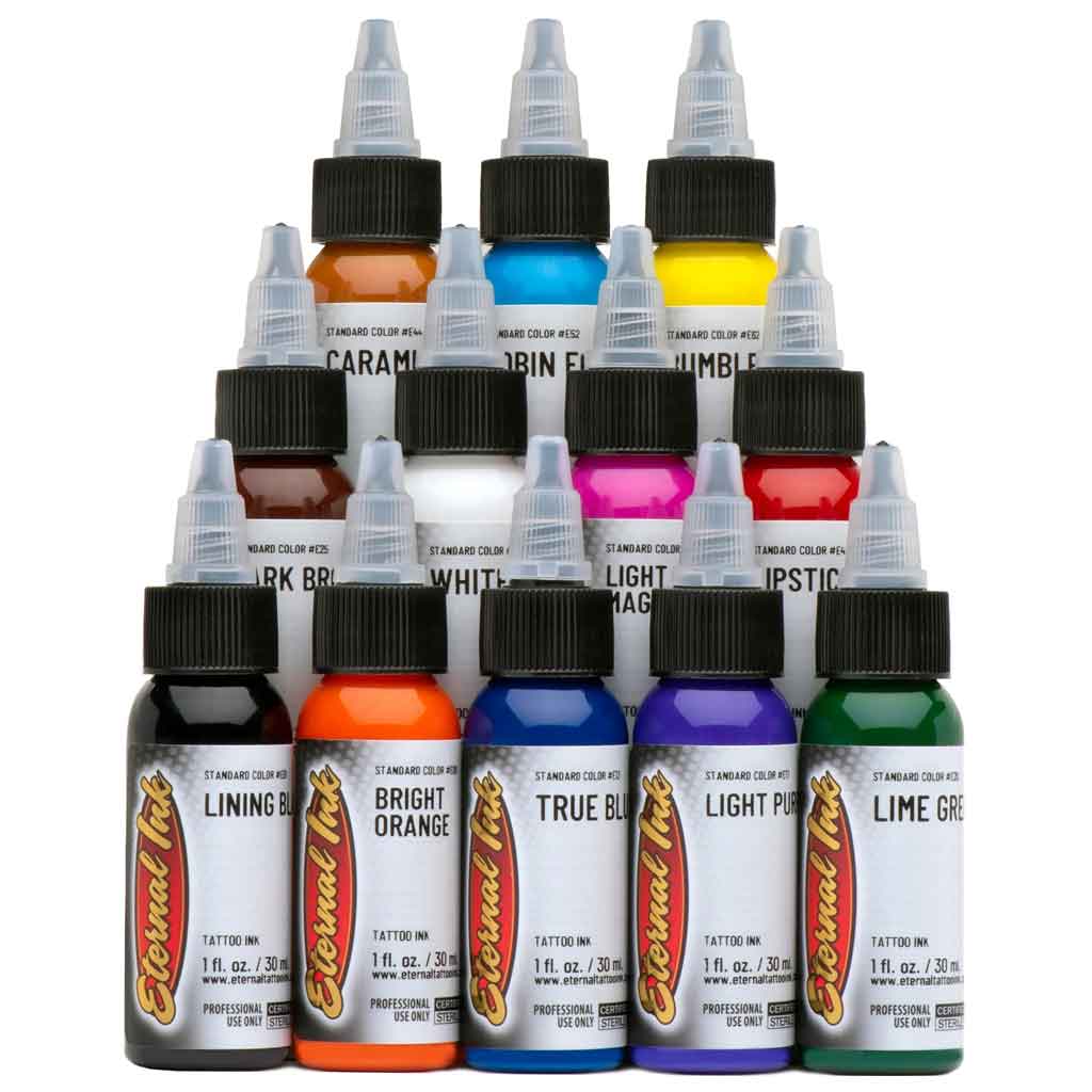 Eternal 12 Bottle Sample Set - Professional tattoo ink collection with 12 vibrant colors. High-quality, vegan-friendly, and pre-dispersed for smooth application. Perfect for tattoo artists in Canada, USA, Australia, England, and Europe.