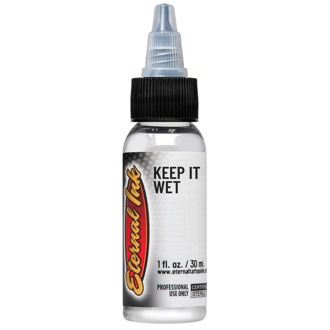 Eternal Keep It Wet 1oz – Tattoo ink additive that prevents drying, enhances blending, and extends ink workability. Vegan, non-toxic, and essential for smooth application.