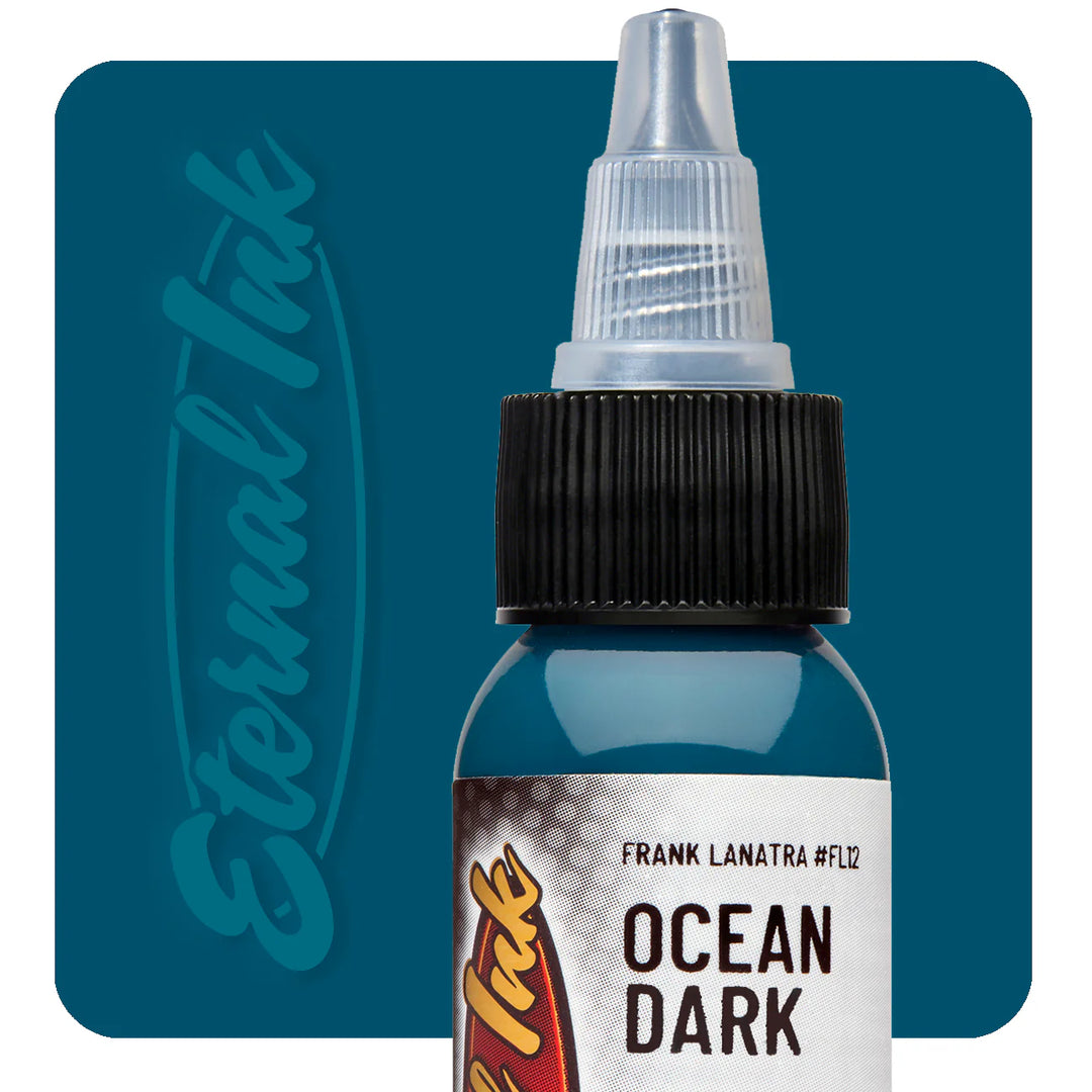 Eternal Ocean Dark Tattoo Ink – Deep navy blue ink, perfect for bold outlines, smooth shading, and color blending. Vegan, fade-resistant, and professional-quality.