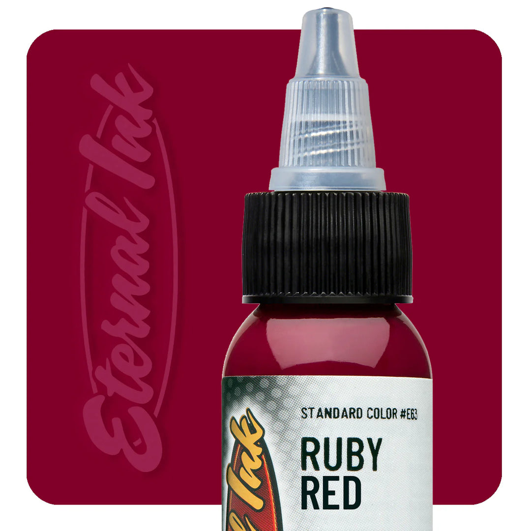 Eternal Ruby Red Tattoo Ink – Deep, jewel-toned red ink perfect for bold designs, shading, and color packing. Vegan, fade-resistant, and professional-quality.