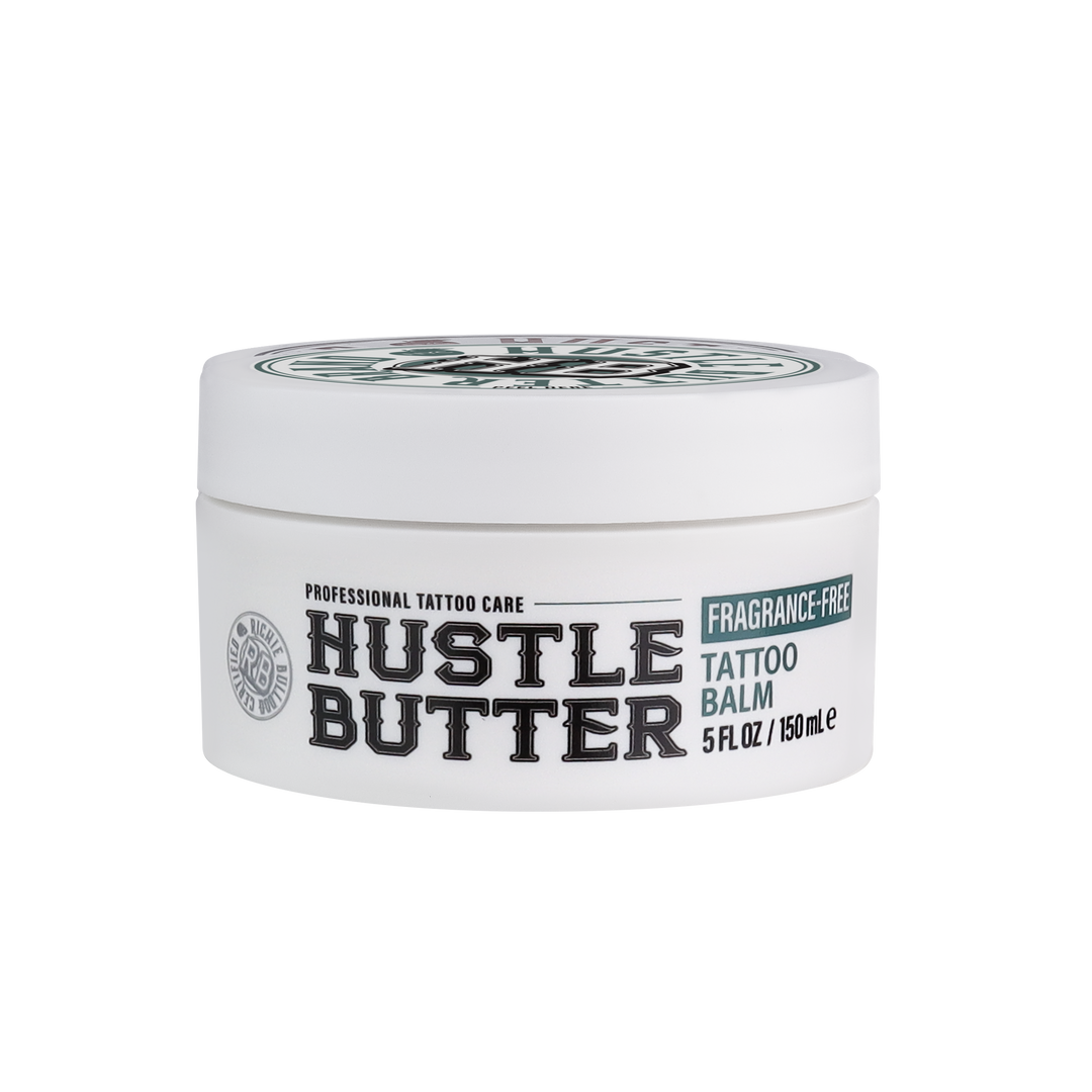 Hustle Butter Fragrance-Free Tattoo Balm 5oz jar with lid on