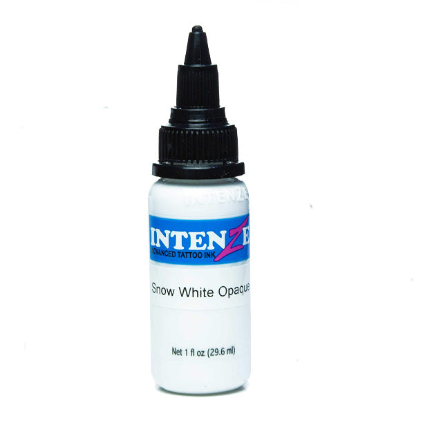 Intenze Snow White Opaque Tattoo Ink - 1 oz bottle, featuring a sterilized, highly opaque formula for vibrant white highlights and professional tattoo work.