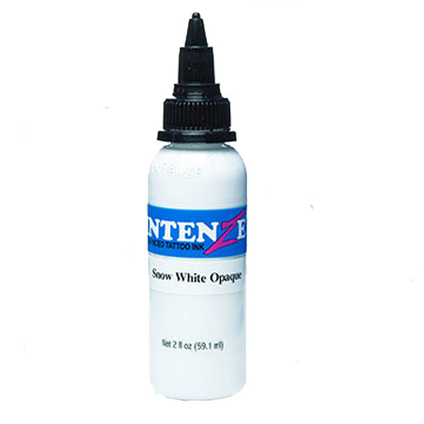 Intenze Snow White Opaque Tattoo Ink - 2 oz bottle, offering a premium, vegan-friendly formula designed for bold white details, blending, and long-lasting tattoo vibrancy.