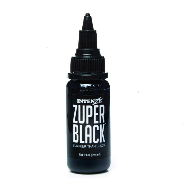 Intenze Zuper Black Tattoo Ink - 1 oz bottle, featuring ultra-rich black pigment for bold lines, shading, and blackwork tattoos. Sterilized and vegan-friendly for professional use.