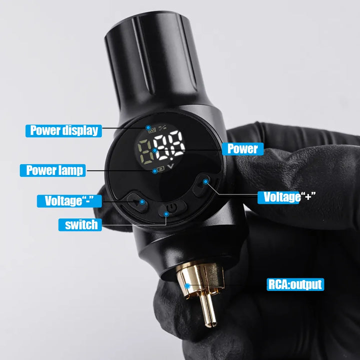 Mast Mini Wireless Battery connected to RCA jack with durable design – "Mast Mini Wireless Battery showing durable RCA jack connection for reliable performance with various tattoo machines."