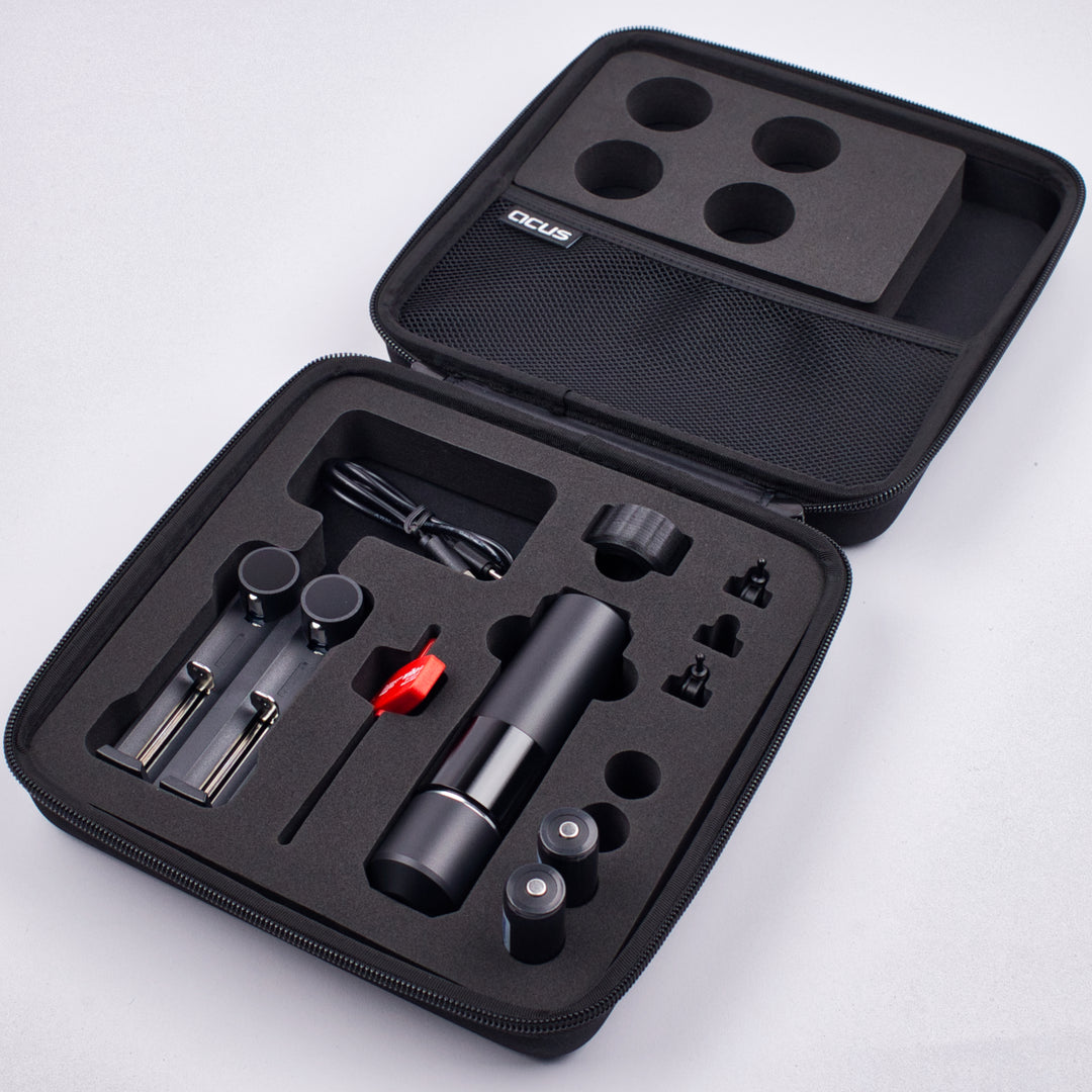 ACUS M1 Tattoo Machine complete kit in a carrying case, including all essential accessories for tattooing.