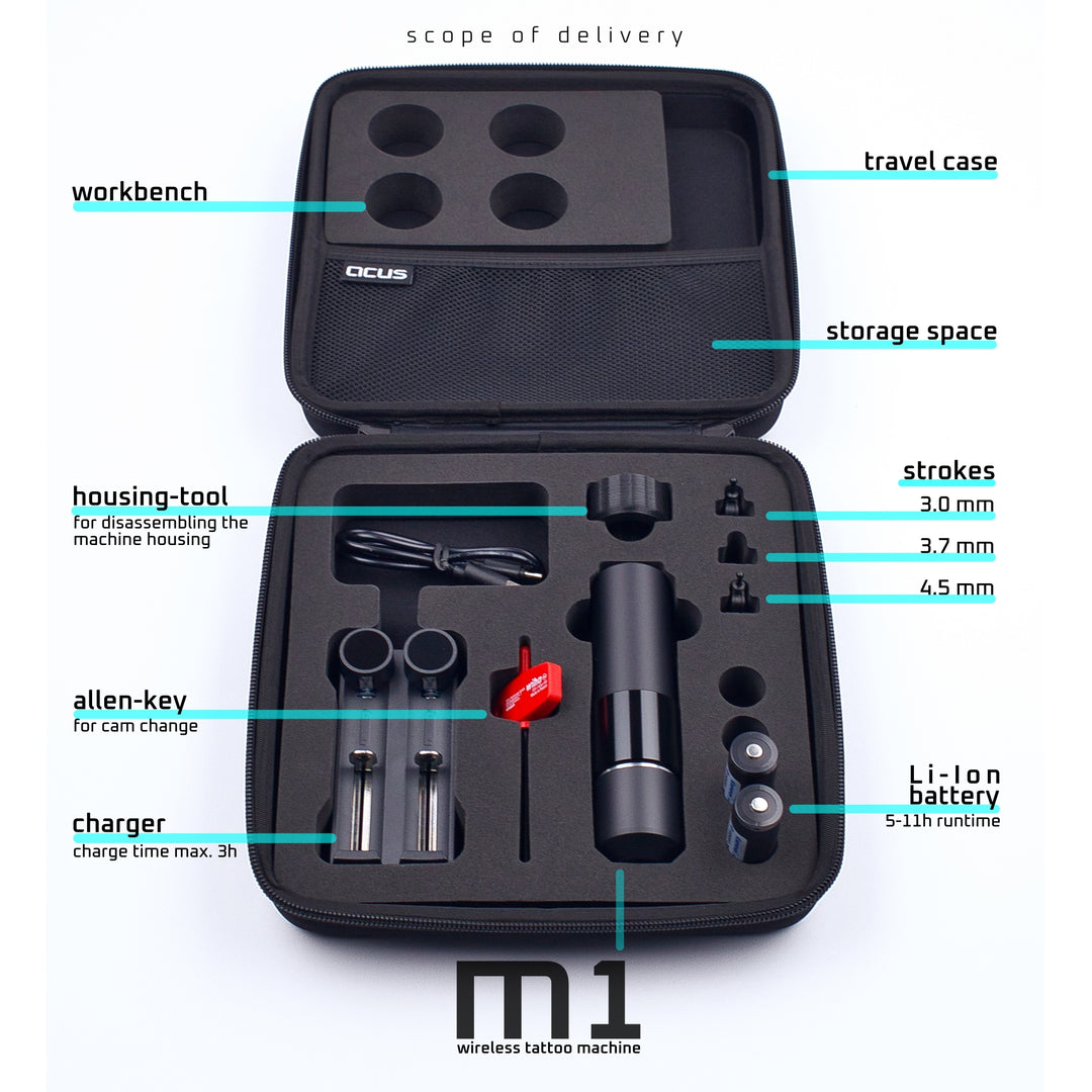 ACUS M1 Tattoo Machine kit with a labeled diagram, detailing each component and its features.